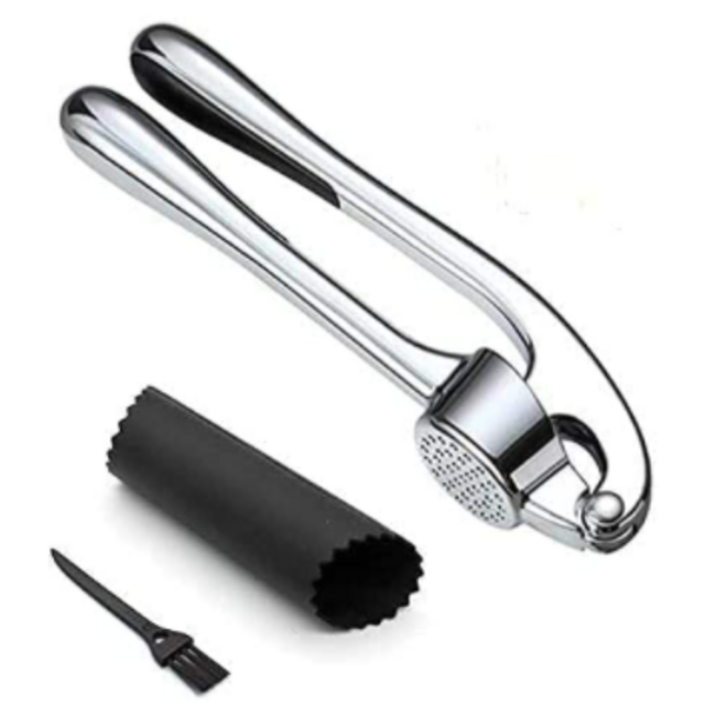 Garlic Press, Stainless Steel Garlic Press Tool with Cleaning Brush and Silicone Garlic Peeler 3 Pcs By Lechay