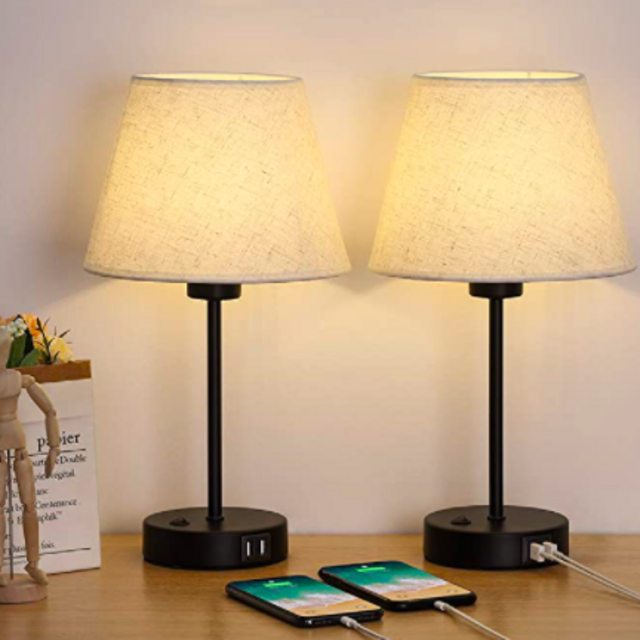 Table Lamp, Bedside Lamp Set of 2 with Dual USB Charging Ports, Modern Nightstand Light Perfect for Bedroom, Living Room, Study Room