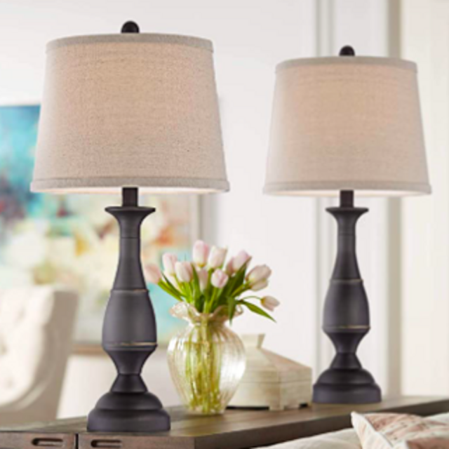 Ben Farmhouse Traditional Table Lamps 25" High Set of 2 Dark Bronze Brown Metal Beige Linen Drum Shade Decor for Living Room Bedroom House Bedside Nightstand Home Office Family - Regency Hill