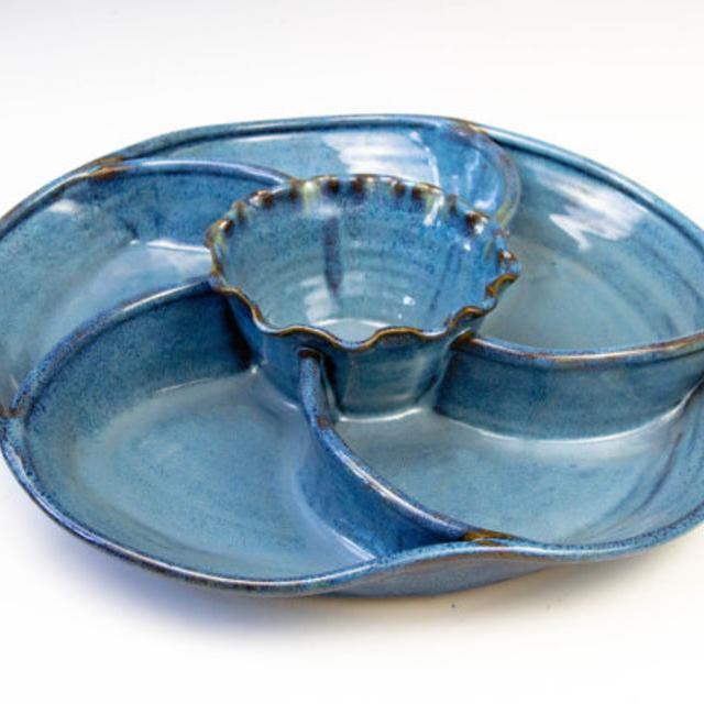 Daffodil Inspired Vegetable Serving Platter in Celestial Blue glaze. Hand thrown on the wheel and meticulously attached and altered.