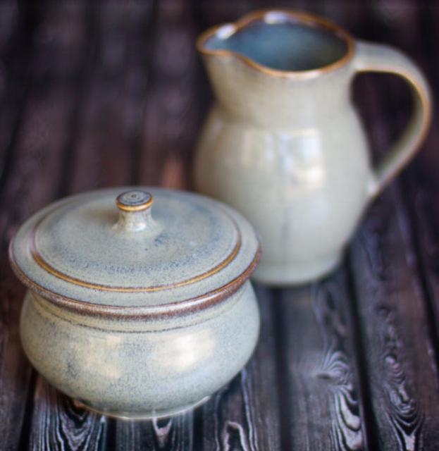 Sugar and Creamer set- Handthrown pottery- small pitcher and lidded sugar jar.    Slate Gray glaze