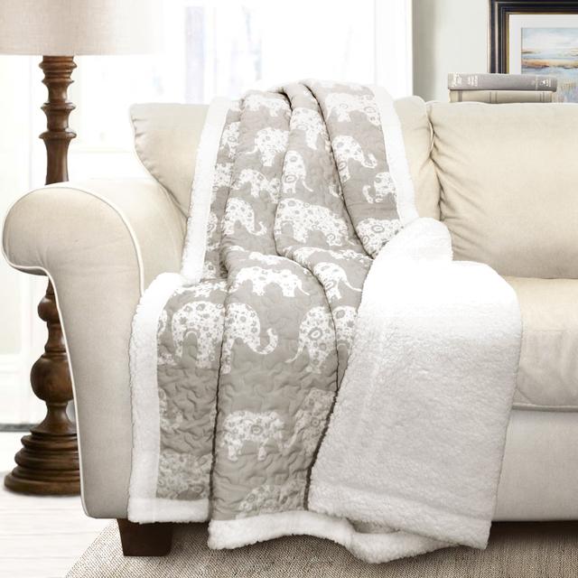 Lush Decor Elephant parade Throw Soft Sherpa, 60" x 50", Grey/Blue
