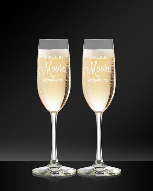 Custom Wedding Champagne Glasses - Personalized Toasting Glasses For Bride & Groom- Engraved Champagne Flutes, Pair (2)