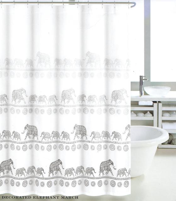 Max Studio Home Henna Ornate Indian Elephant Boho Fabric Shower Curtain Elephant Grey White Gray