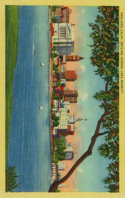Skyline of Oakland across Lake Merritt (9x12 Collectible Art Print, Wall Decor Travel Poster)