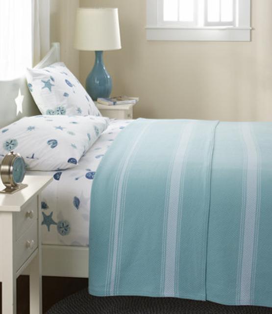 LL Bean, Maine-Made Cotton Blanket, Stripe, King - Saltwater Blue