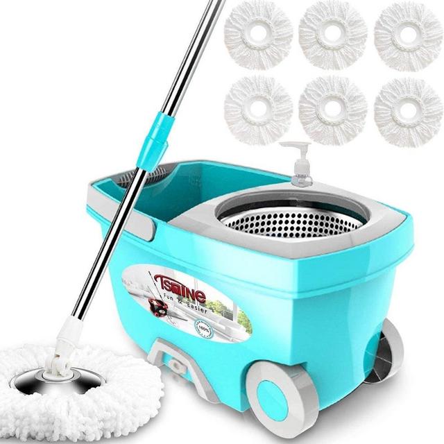 Tsmine Spin Mop Bucket System Stainless Steel Deluxe 360 Spinning Mop Bucket Floor Cleaning System with 6 Microfiber Replacement Head Refills,61"Extended Handle, 2x Wheel for Home Cleaning - MINT