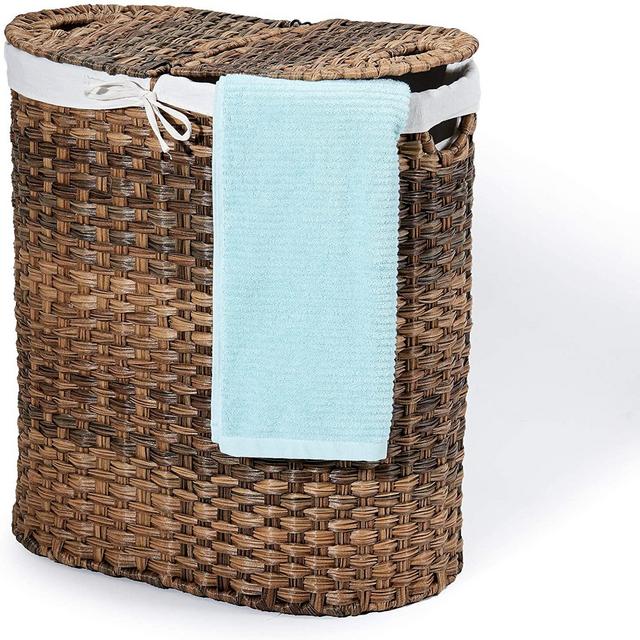 Seville Classics Handwoven Oval Double Lidded Removable Canvas Liner Laundry Sorter Hamper Bin, Mocha Brown