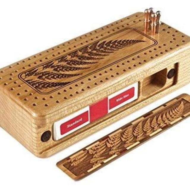 Fern Engraved Wooden Cribbage Board with quality metal pegs and deck of cards