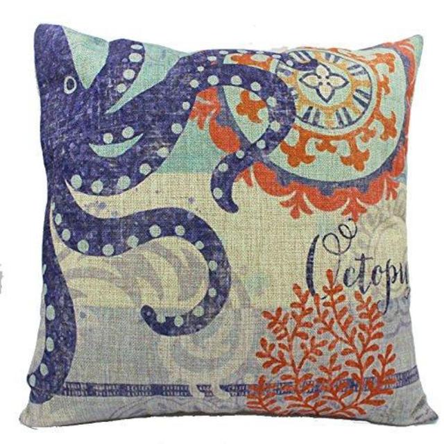 JLZH Octopus Cotton Linen Cushion Cover Pillow Case Painting Vintage Retro Decorative Pillowcase in Blue Ocean Series,18in X 18in