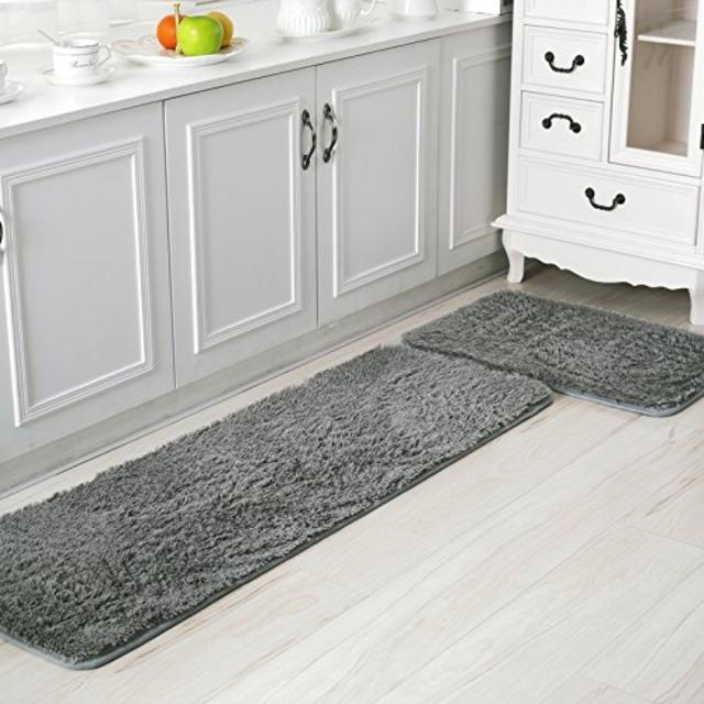Ustide 2-piece Kitchen Area Rug Antiskid Door Mat Soft Shaggy Floor Runner Solid Color Bath Room Rugs Silver Gray Large Size