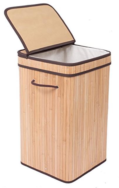 BirdRock Home Square Laundry Hamper with Lid and Cloth Liner | Bamboo | Natural | Easily Transport Laundry | Collapsible Hamper | String Handles