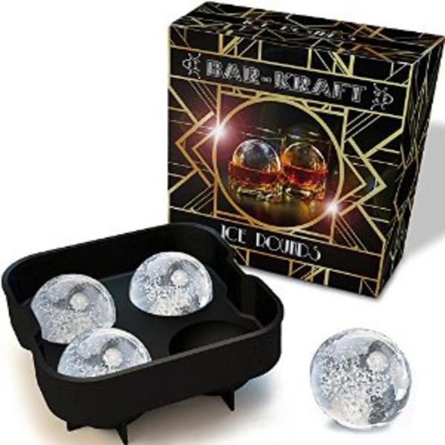 Ice Ball Maker Molby BAR-KRAFT® Deluxe Black Silicone Tray with 4 x 4.5cm Ice Sphere Capacity - Gold-trim Packaging