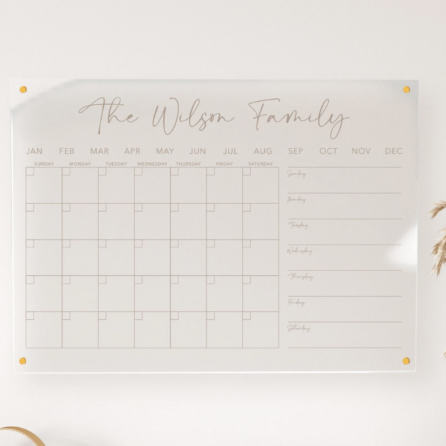 Personalized Acrylic Calendar Month & Week | Floating Wall Decor | Housewarming Gift | Home Decor | Dry-Erase | Color | WEEK1-COLOR