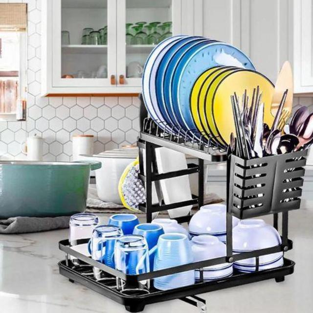 Cutlery, cooking utensils, dish rack, whisk, can opener, ice tray, masher, tongs, rolling pin