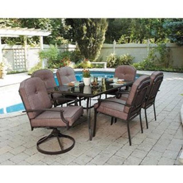 7 Piece Patio Dining Set, Seats 6. Enjoy the Outdoors with This Patio Furniture Dining Set. Impress Your Neighbors with the Design of This Patio Dining Set. Patio Dining Sets Make the Warm Months That Much More Enjoyable.