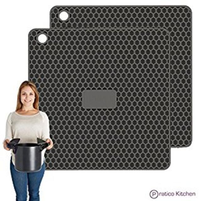 PratiPad PLUS 4-in-1 Multipurpose Silicone Pot Holders, Trivets, Jar Openers, & Spoon Rests - Extra Thick Protection - Set of 2 - Dark Grey