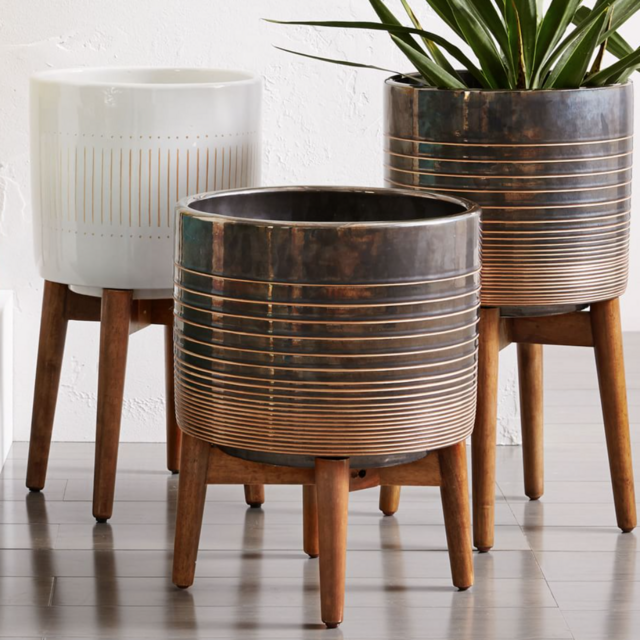 Mid-Century Turned Wood Leg Planters - Gold