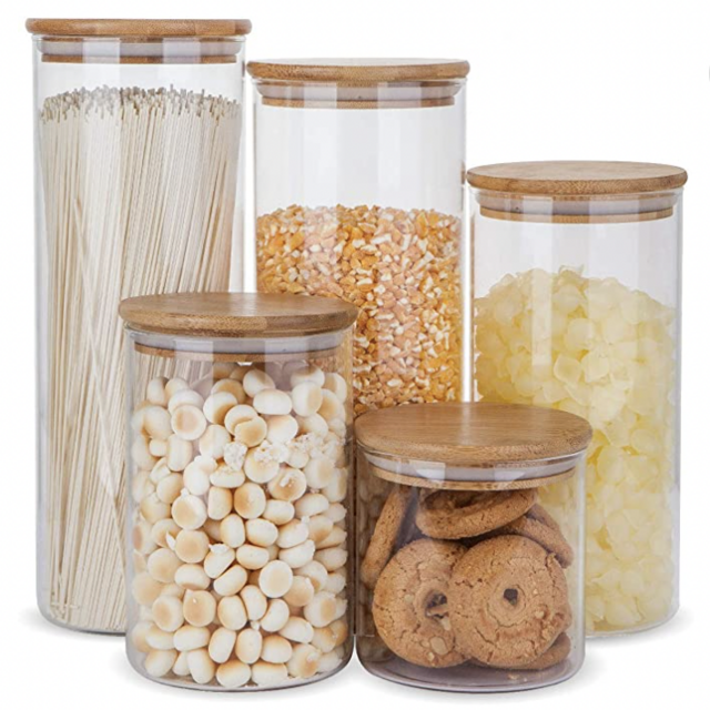 Glass Food Storage Containers Set,Airtight Food Jars with Bamboo Wooden Lids - Set of 5 Kitchen Canisters For Sugar,Candy, Cookie, Rice and Spice Jars