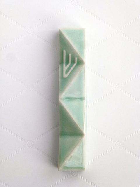 Mezuzah case design, Modern geometric Judaica, light green ceramic, for 7 cm scroll