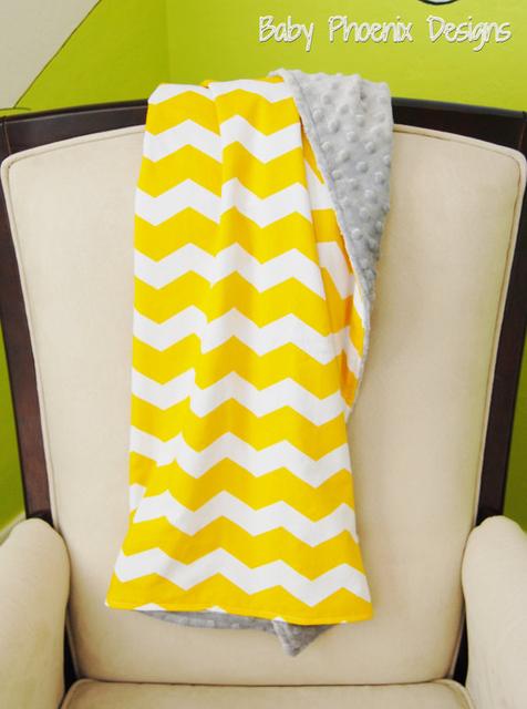 Gender Neutral Yellow Chevron and Grey Minky Baby Blanket - Grey yellow and white