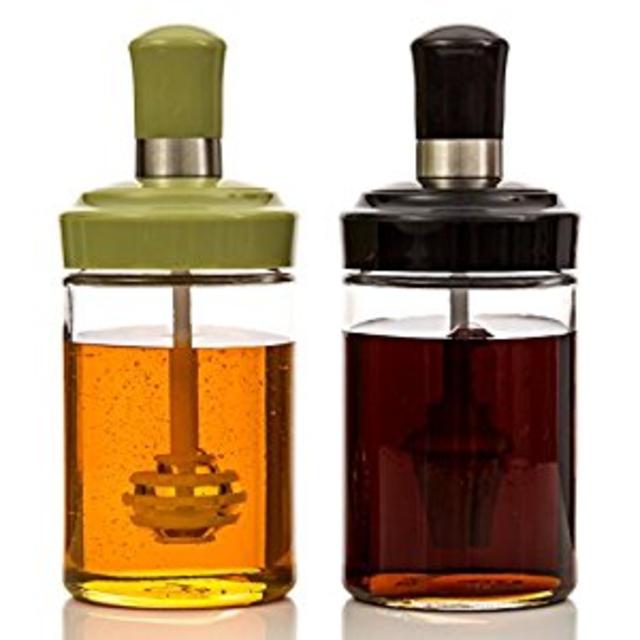 Honey/Syrup Jar (250ml) w/ Combination Dipper/Spoon & Lid Glass – Wide Mouth for Mess-free & Easy Dispensing, 8oz Capacity (Set of 2)