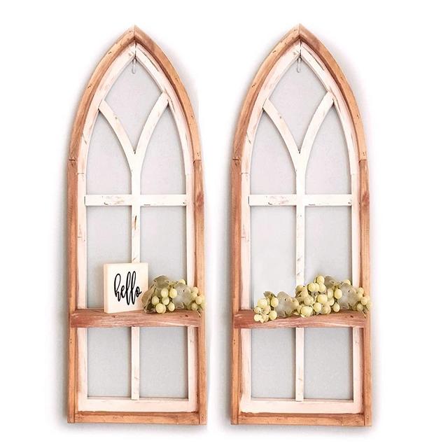 2 Cathedral arch window frames, Shelf, 36 inch Farmhouse cottage decor, Cathedral window frame, chippy paint, Wall decor, Farmhouse wall, Window frame