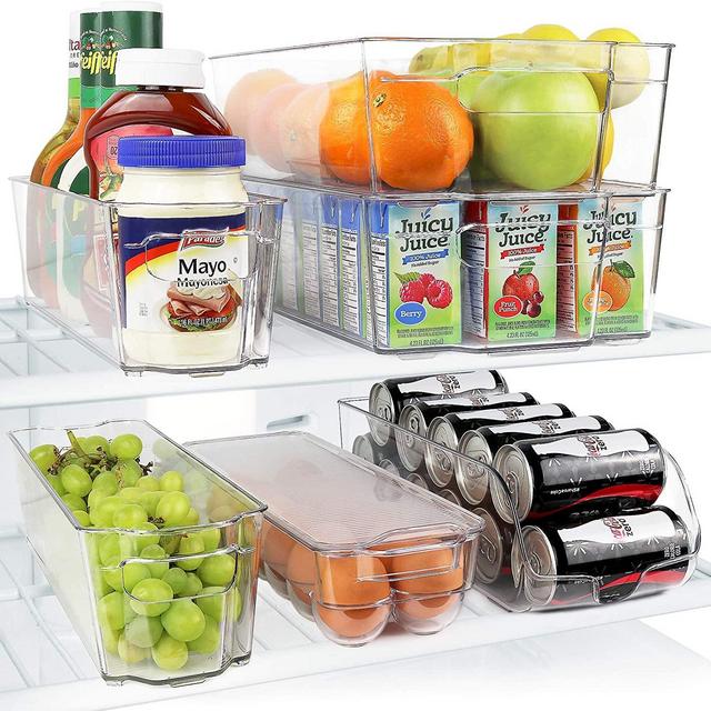 Greenco GRC0250 Fridge Bins, Stackable Storage Organizer Containers with Handles for Refrigerator, Freezer, Pantry and Kitchen Cabinets, BPA, Standard, Clear