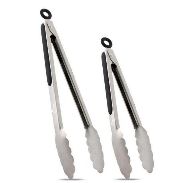 Hotec Stainless Steel Kitchen Tongs Set of 2 - 9" and 12", Locking Metal Food Tongs Non-Slip Grip (Black)