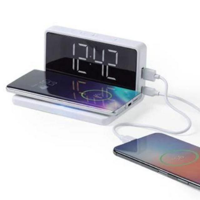 Alarm Clock with Wireless Charging Pad in White
