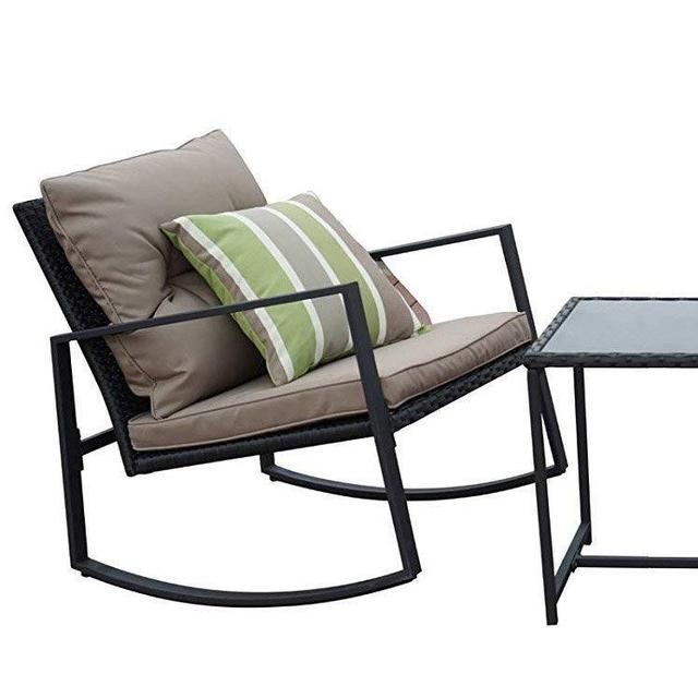 Kozyard Moana Outdoor 3-Piece Rocking Wicker Bistro Set, Two Chairs and One Glass Coffee Table, Black Wicker Furniture(Taupe Cushion+Lime Stripe Pillow)