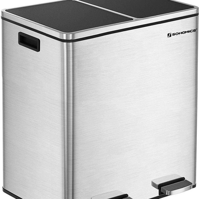 SONGMICS 16 Gallon Step Trash Can, Double Recycle Pedal Bin, 2 x 30L Garbage Bin with Plastic Inner Buckets and Carry Handles, Fingerprint Proof Stainless Steel, Slow Close ULTB60NL