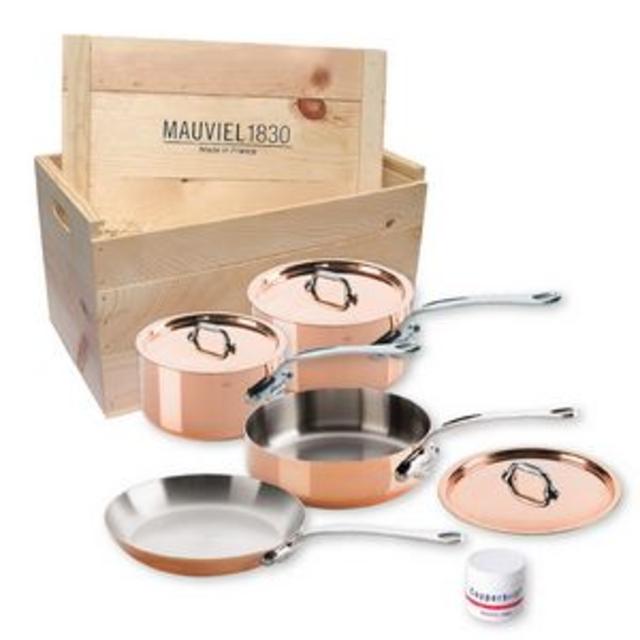 Mauviel M'150s Copper & Stainless Steel Cookware Set, 7 pieces, cast stainless steel handles, wooden crate