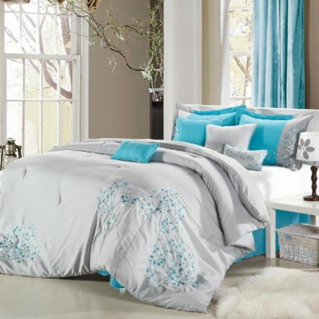 Pink Floral Grey Comforter Bed In A Bag Set - Queen 8 Piece