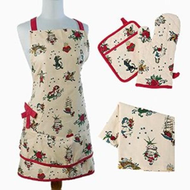 Sin in Linen Flash Tattoo Print Kitchen Gift Pack Includes Apron, Dish Towel and Oven Mitt