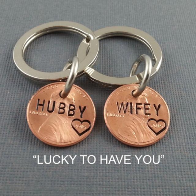 2 Personalized Keychains - Couples Hand Stamped Penny -