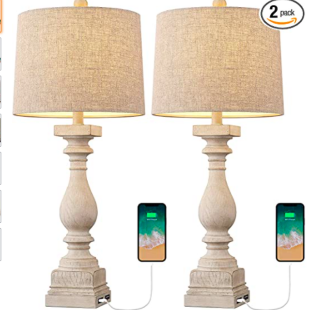BOBOMOMO 27.75'' USB Table Lamp with 2 Charging Ports Set of 2 Antique Nightstand Lamp for Bedroom Living Room Farmhouse Office Retro Rustic Resin Classic Bedside Desk Lamps Washed White