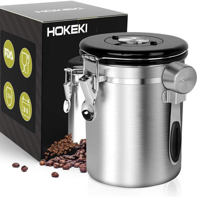HOKEKI Airtight Coffee Canister, Stainless Steel Container for The Kitchen, Coffee Ground Vault Jar with One Way Co2 Valve and Scoop, Tea Coffee Sugar, Extra Coffee Spoon, 16 oz (Stainless Steel)