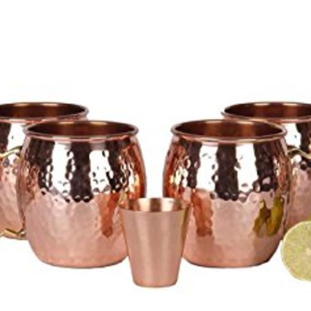 A29 Moscow Mule 100 % Solid Pure Copper Unlined Mug /Cup (16-Ounce/Set of 4, Hammered) with BONUS Shot Glass and Free Recipe Booklet