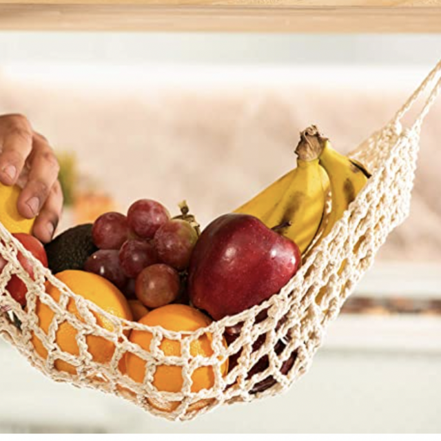 Hanging Fruit Hammock Under Cabinet - 1 Macrame Fruit Hammock For Kitchen Under Cabinet + 2PCS Hooks - Handwoven Cotton Storage for Produce, Veggies, Banana - Usable for More Counter Space at Home, Boat, Camper, or Rv
