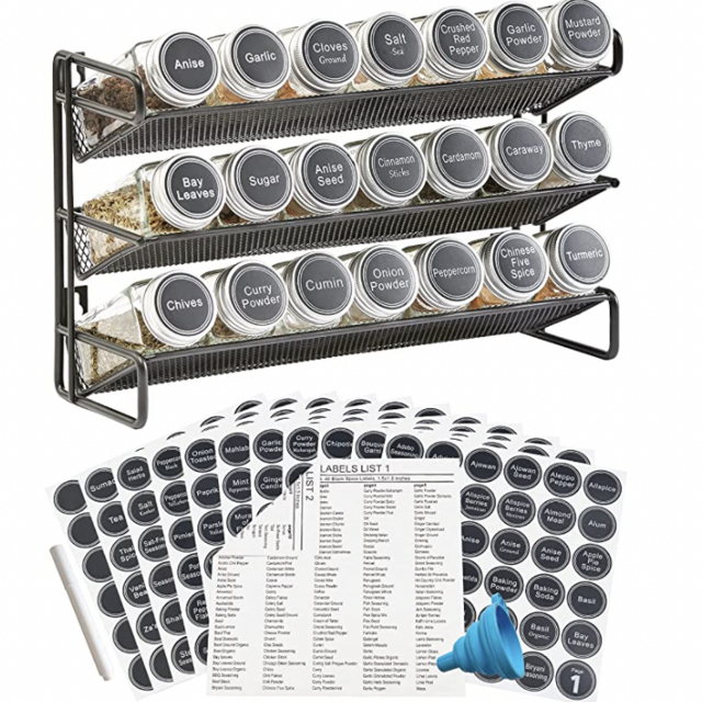 3 Tier Spice Rack Organizer with 21 Empty Spice Jars, 386 Spice Labels, Chalk Marker and Funnel Set for Countertop Cabinet Pantry or Wall Door Mount