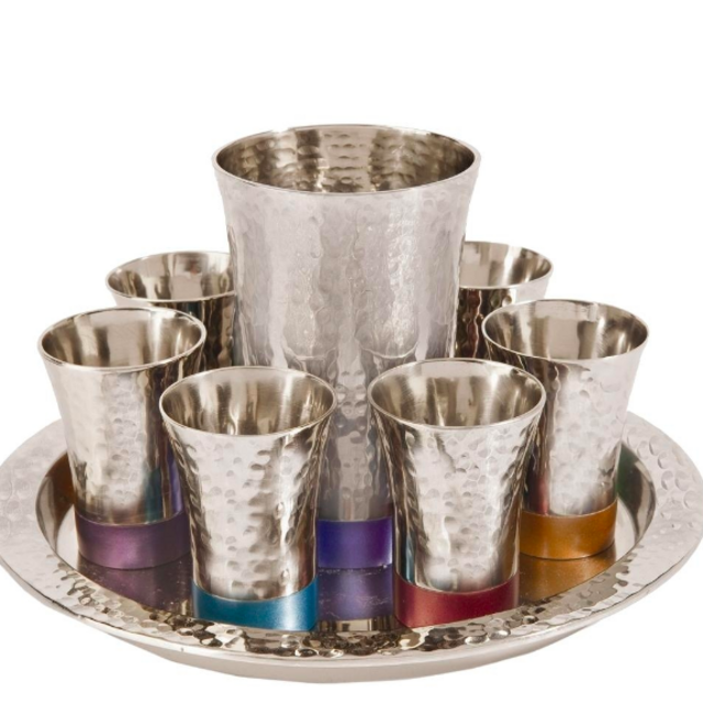 Emanuel Textured Nickel 8 Piece Kiddush Set (Silver / Rainbow)