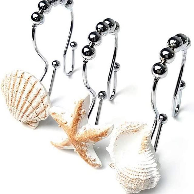 Ocean Decorative Shower Curtain Hooks Rust Proof,Stainless Steel Shower Curtain Rings with 5 Glide Rollers for Bathroom and Shower Set of 12-Hooks (Seashell, Starfish,Conch) (White)