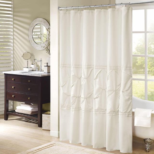Comfort Spaces CS70-0099 Cavoy Bathroom Pintuck Shower Tufted Ruffle Pattern Modern Elegant Microfiber Fabric Bath Curtains, 72"x72", Ivory