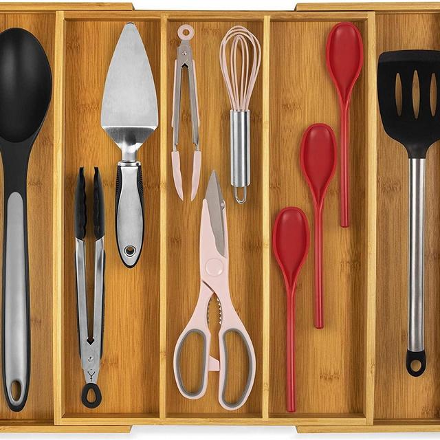 RMR Home Bamboo Silverware Drawer Organizer - Expandable Kitchen Drawer Organizer and Utensil Organizer, Perfect Size Cutlery Tray with Drawer Dividers for Kitchen Utensils and Flatware (3-5 Slots)