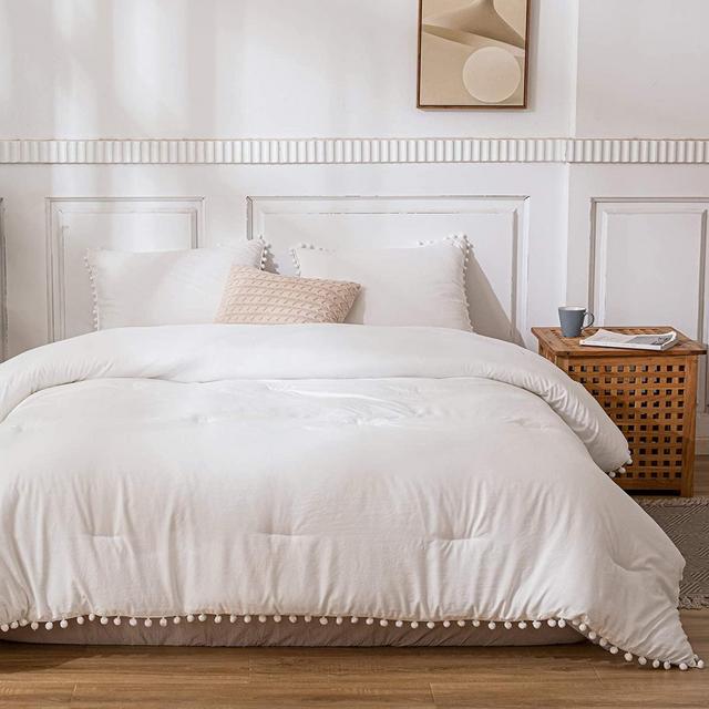 White Comforter Set Off White Pom Poms Comforter Ball Fringe Design Soft Offwhite Pom Lace Duvet Sets King 1 Ball Lace Comforter 2 Pillowcases (King, White)