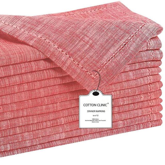 Cotton Clinic 12 Pack Farmhouse Style Slub Textured 18x18 Cloth Dinner Napkins, 100% Cotton for Everyday Use and Events - Soft and Durable Cocktail Napkins, Wedding Dinner Napkins, Red