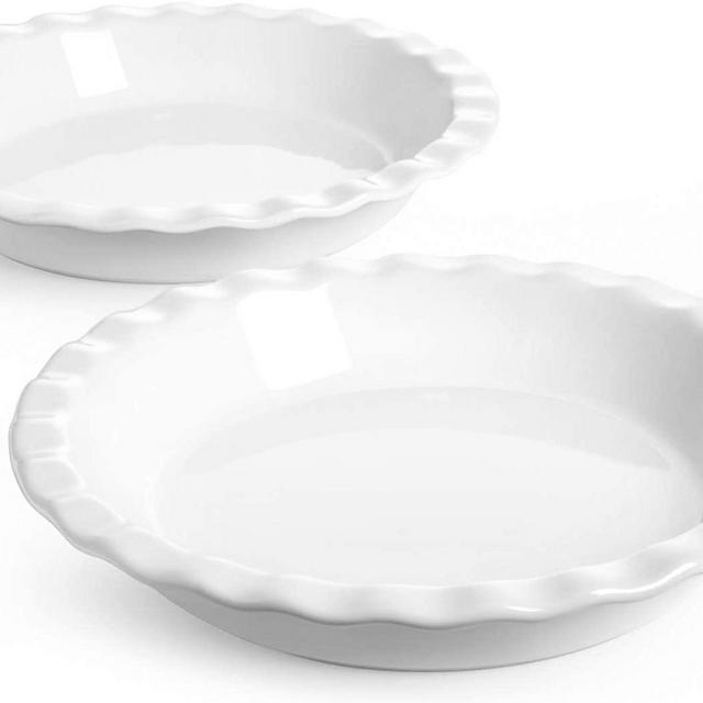 LE TAUCI Ceramic Pie Pans for Baking, 9 Inches Pie Plate for Apple Pie, Round Baking Dish, 36 Ounce Deep Dish Pie Pan, Set of 2, White