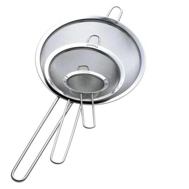 Zesproka ZP129 Set of 3 Stainless Steel Fine Mesh Strainers for Kitchen, 3.26", 5.78", 7.75", Silver