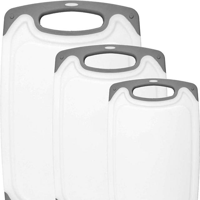 HOMWE Kitchen Cutting Board (3-Piece Set) - Juice Grooves with Easy-Grip Handles, Non-Porous, Dishwasher Safe - Multiple Sizes (Gray)